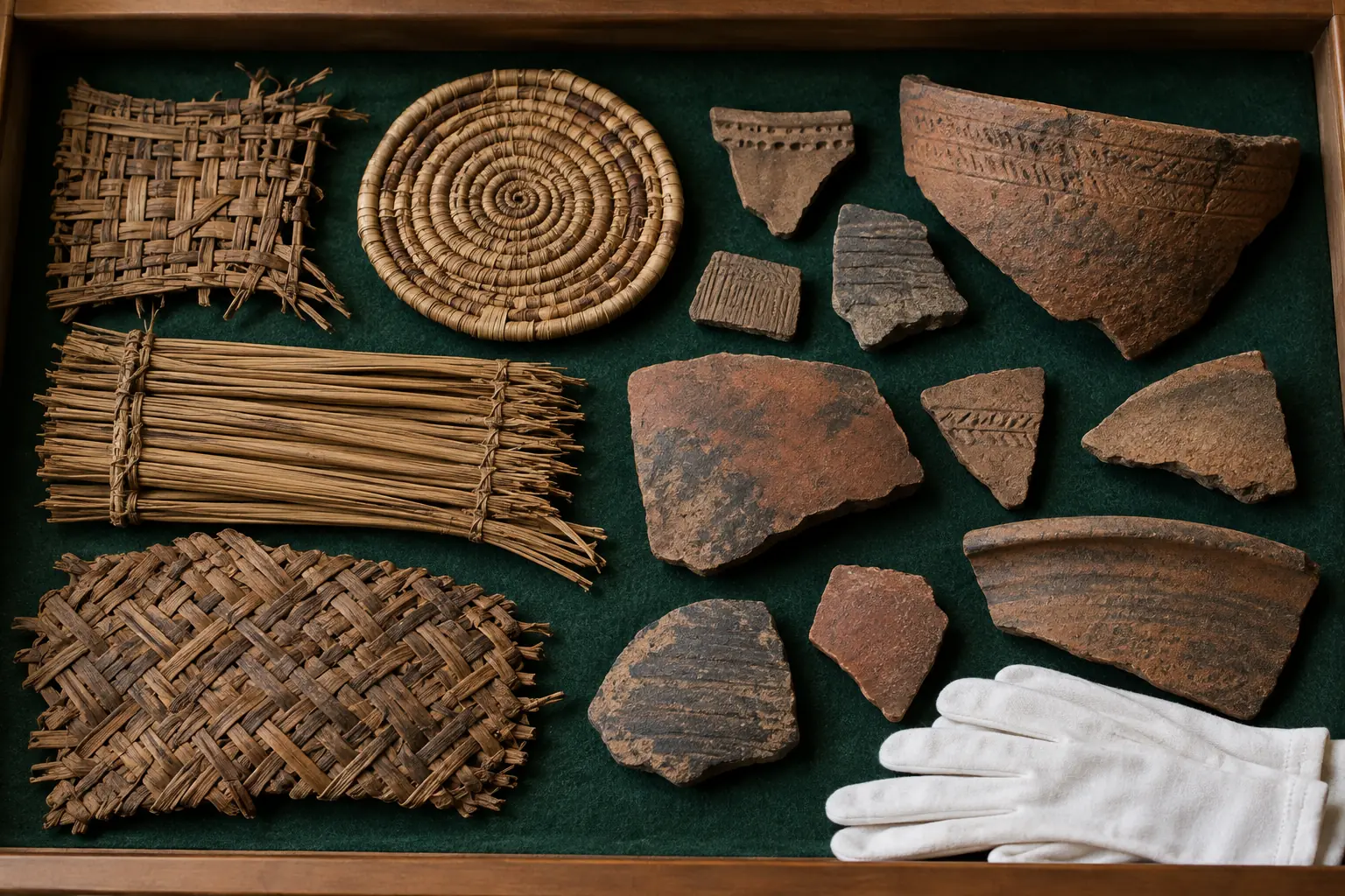 Illustration: Overhead close view of woven reed samples, fired clay fragments and plain cotton gloves in a shallow museum study drawer lined with deep green felt.
