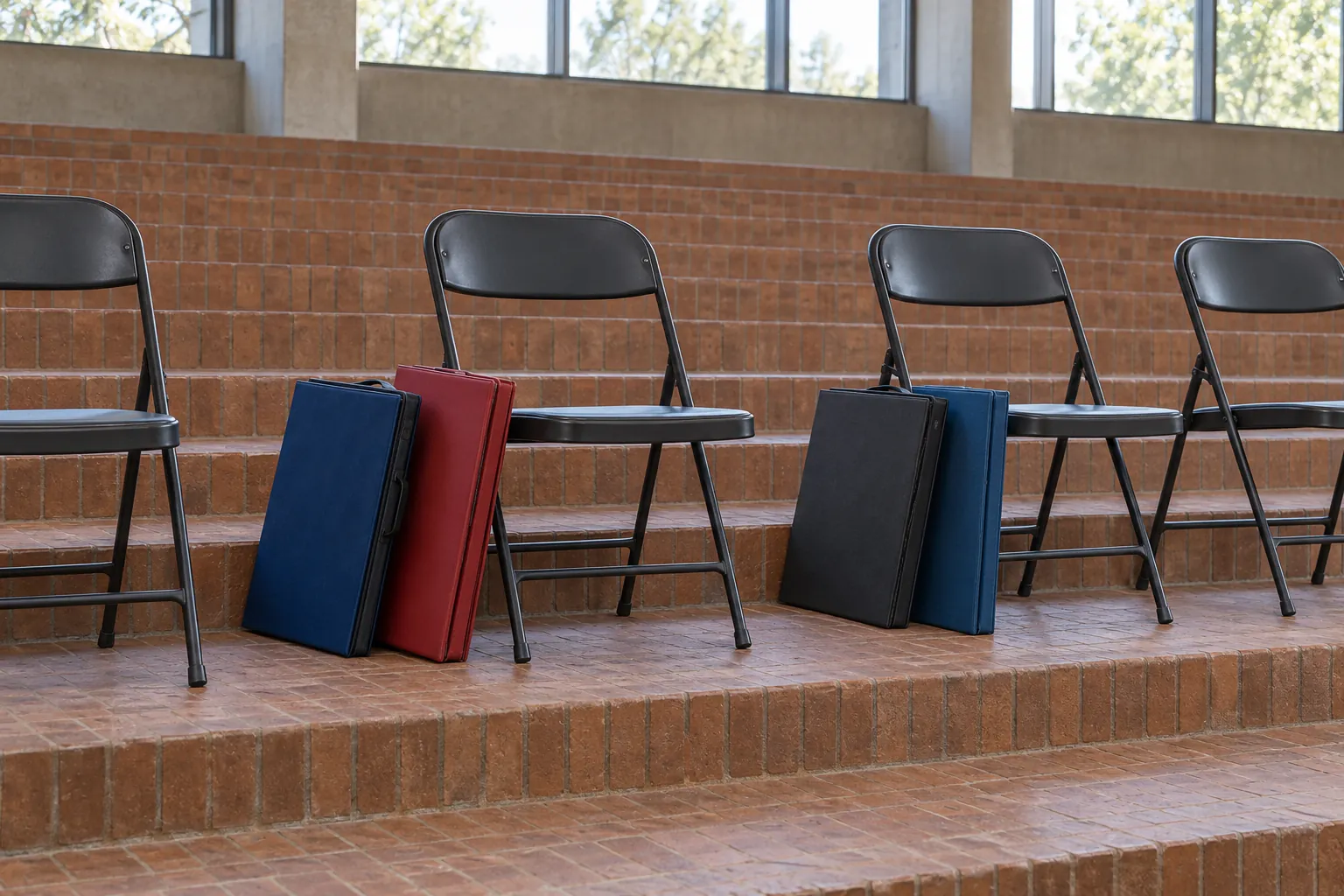 Illustration: Five closed portfolios in blue, red and charcoal lean between empty folding chairs on broad indoor brick steps.