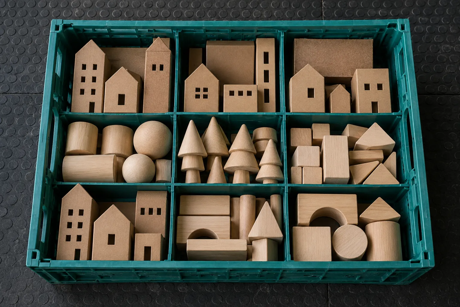 Illustration: Plain original miniature cardboard buildings and unfinished wooden shapes packed into a teal divided crate on a charcoal rubber floor.