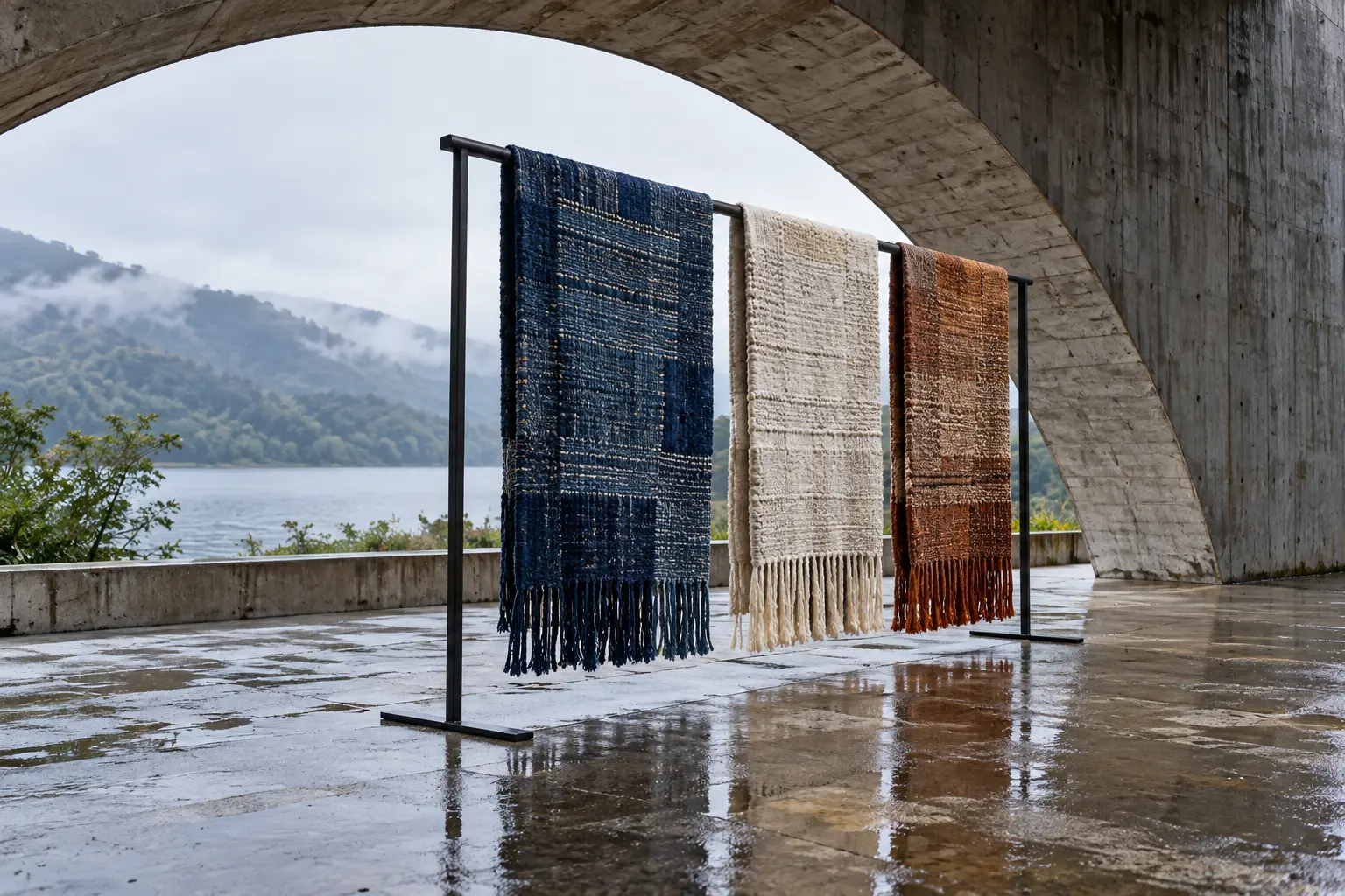Illustration: A freestanding rail carries three original woven textile samples in indigo, cream and copper beneath an anonymous concrete arch.