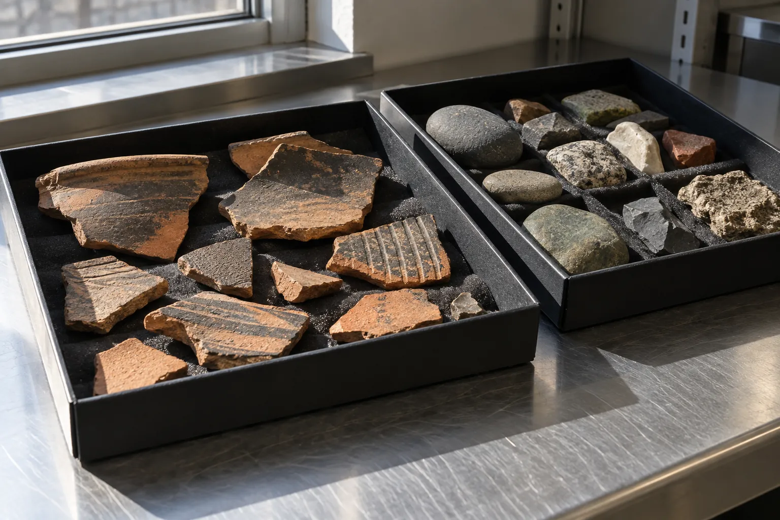 Illustration: Two open black archival trays containing ordinary pottery fragments and smooth stone samples sit on a stainless steel study counter.