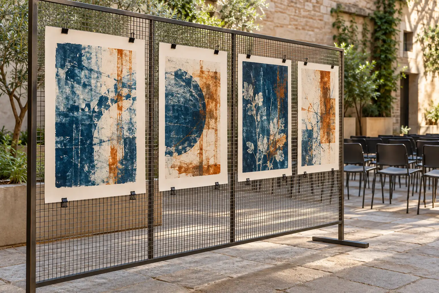Illustration: Original abstract cyan and rust prints, without signatures, clipped to a portable steel mesh screen in a rehearsal courtyard.