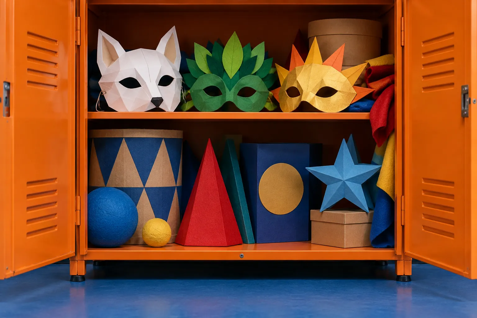 Illustration: Plain paper masks with no franchise resemblance, coloured felt and geometric cardboard props fill an open orange equipment locker.