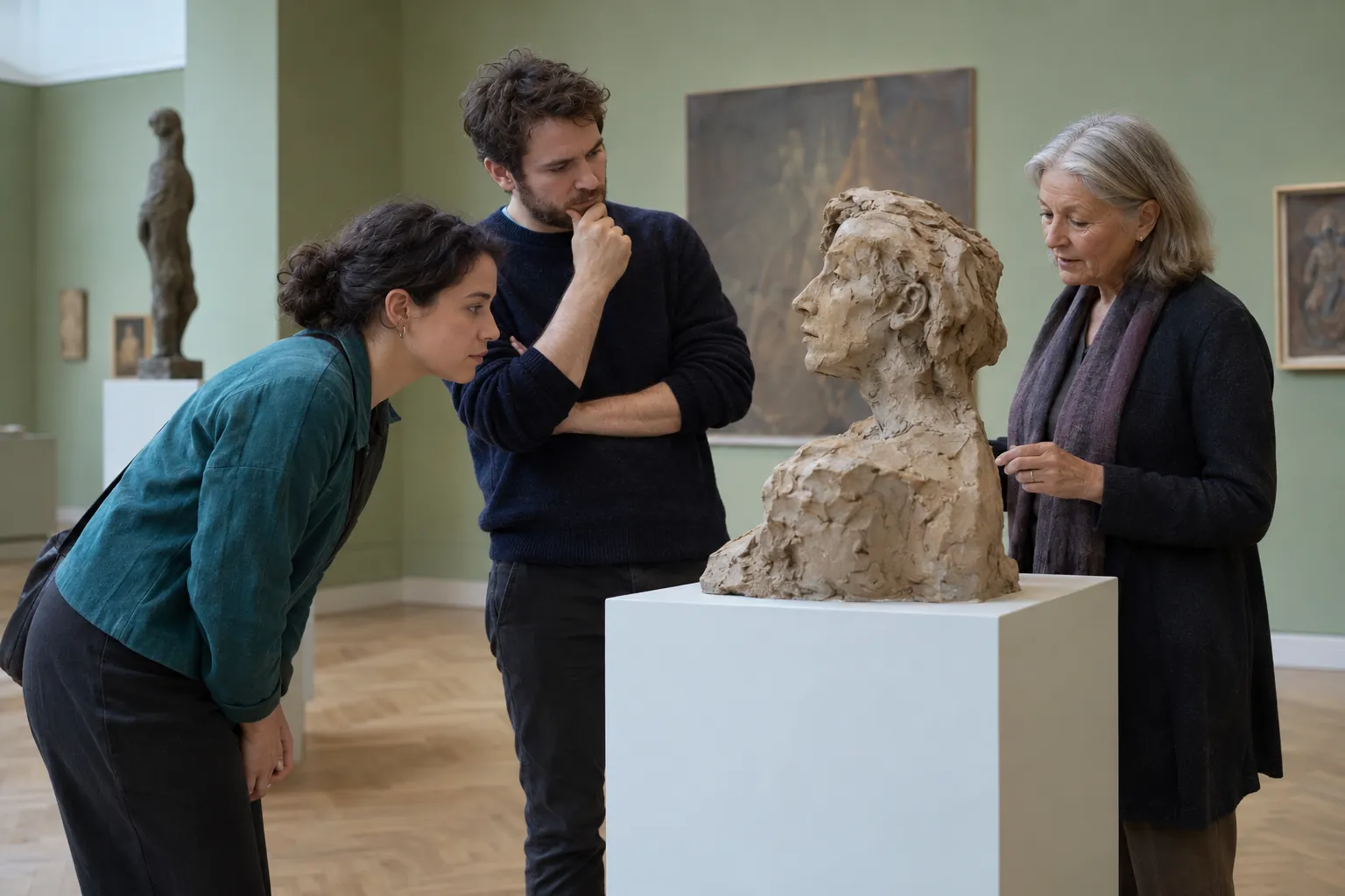 Illustration: Three adults in their thirties and sixties discuss an original rough clay sculpture in a pale green gallery; one leans closer without touching it while the others look at its surface.
