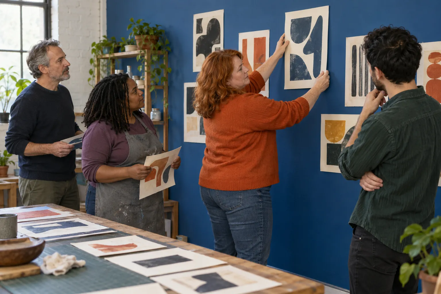 Illustration: Four adults arrange unsigned abstract block prints on a cobalt notice wall in a modest community arts room.