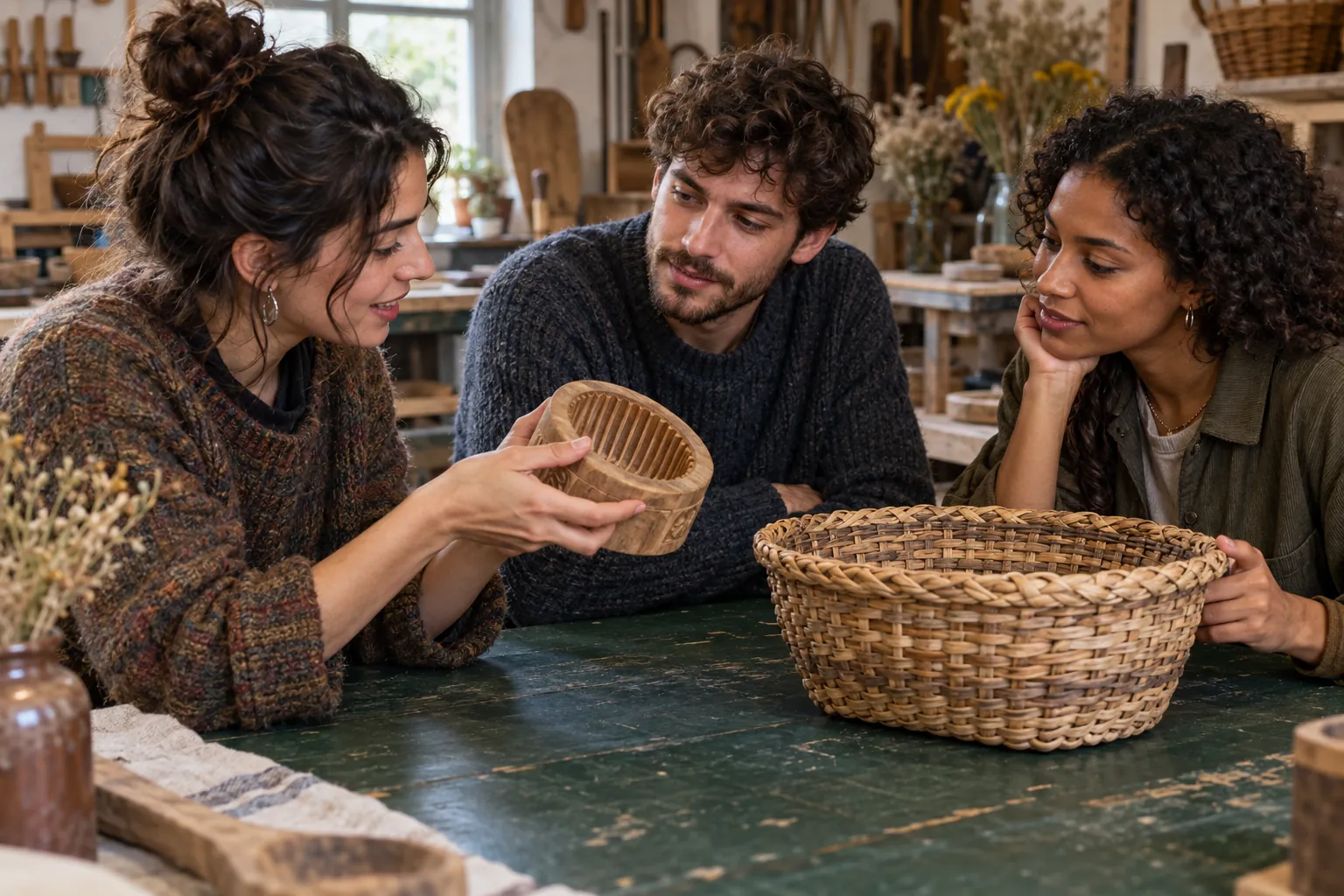 Illustration: Three young adults discuss a wooden butter mould and woven basket in a craft workshop.
