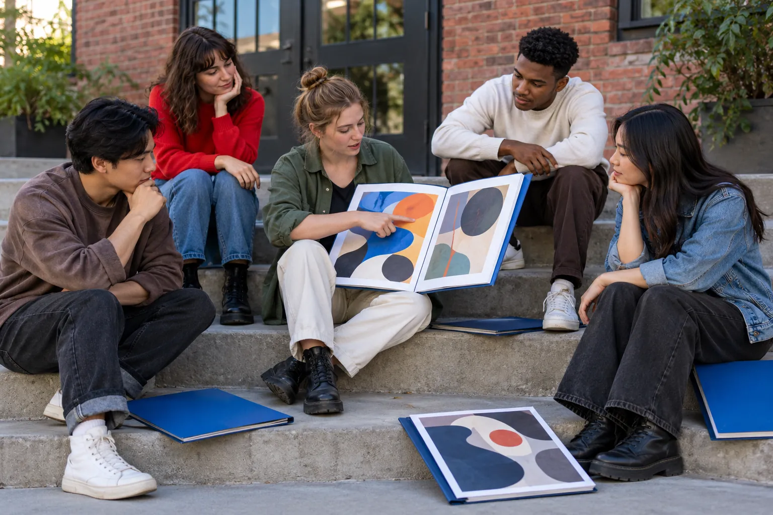 Illustration: Five young adults share abstract art portfolios on broad studio steps.