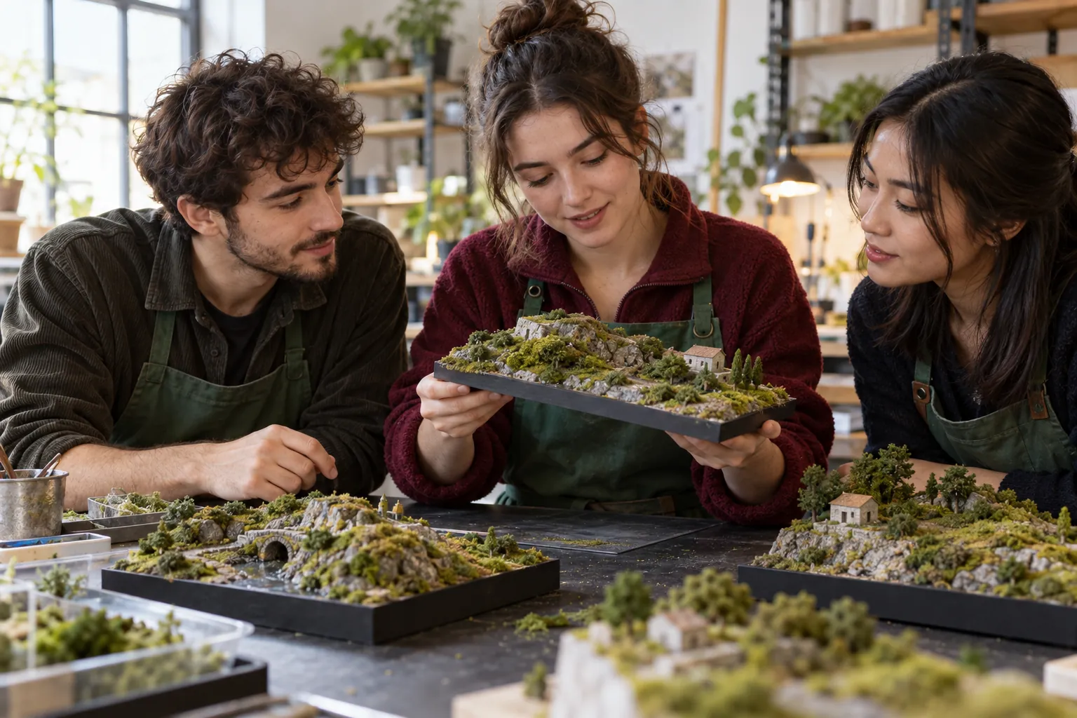 Illustration: Young adults compare handmade miniature landscapes in a workshop.