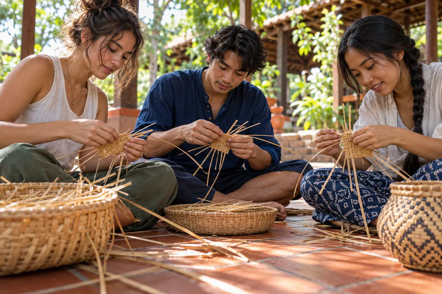 Illustration: Young adults learn reed weaving together in a courtyard.