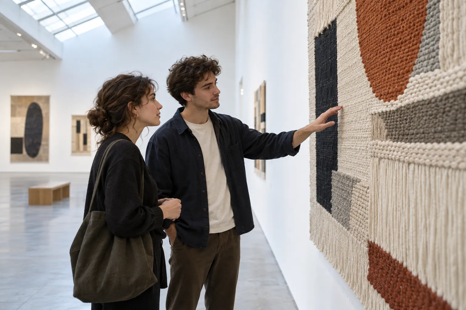 Illustration: Young adults discuss the texture of a geometric wall textile.