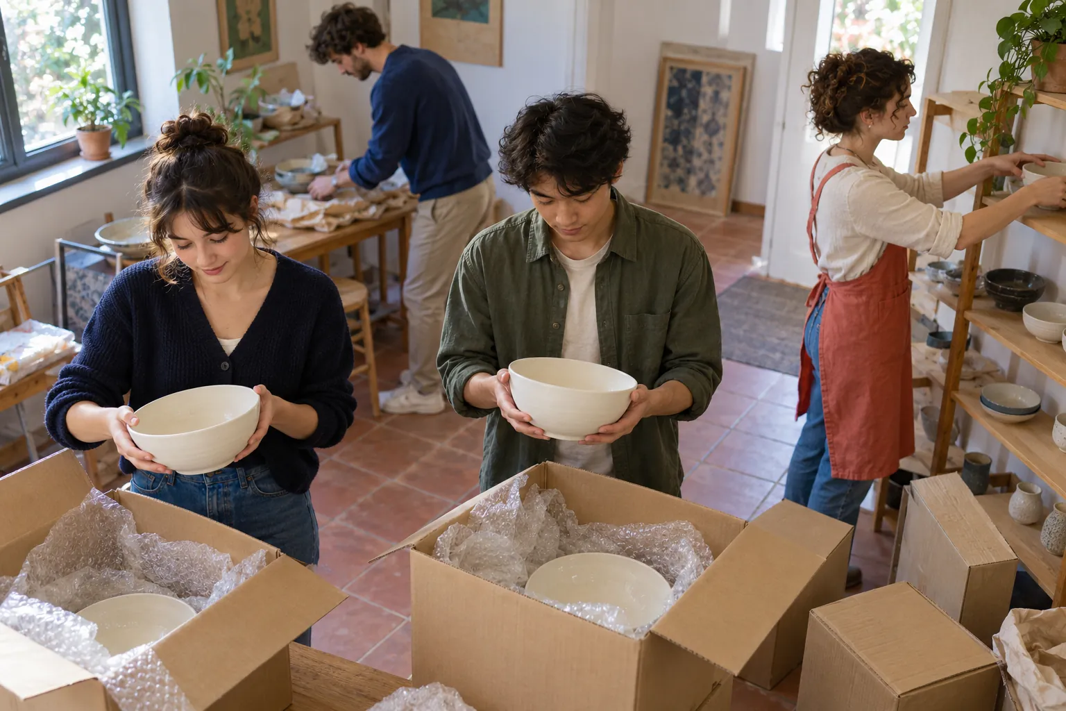 Illustration: Young adults unpack ceramic bowls in a community arts room.