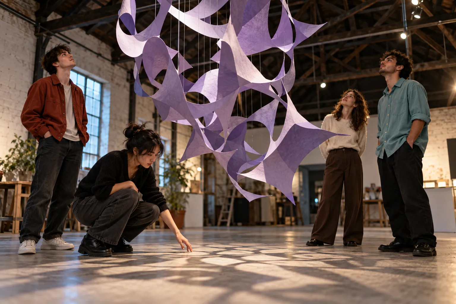 Illustration: Four young adults studying a suspended paper installation.