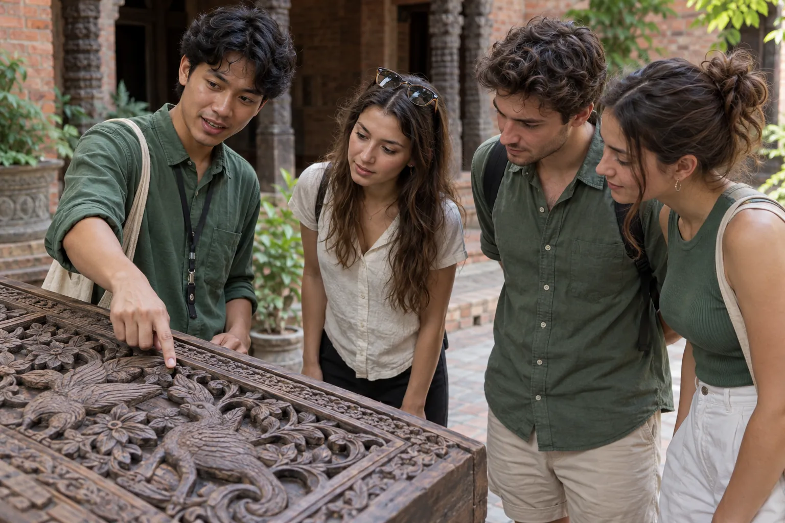 Illustration: Young adult visitors study a carved wooden panel in a courtyard.