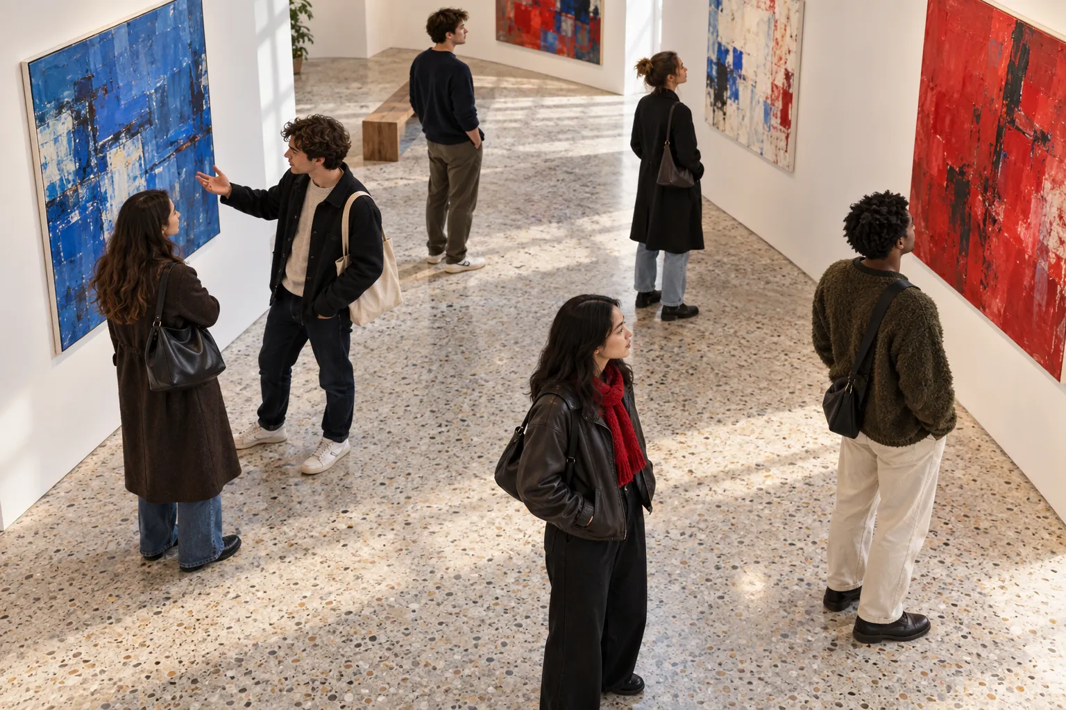 Illustration: Young adults viewing and discussing paintings in a small gallery.