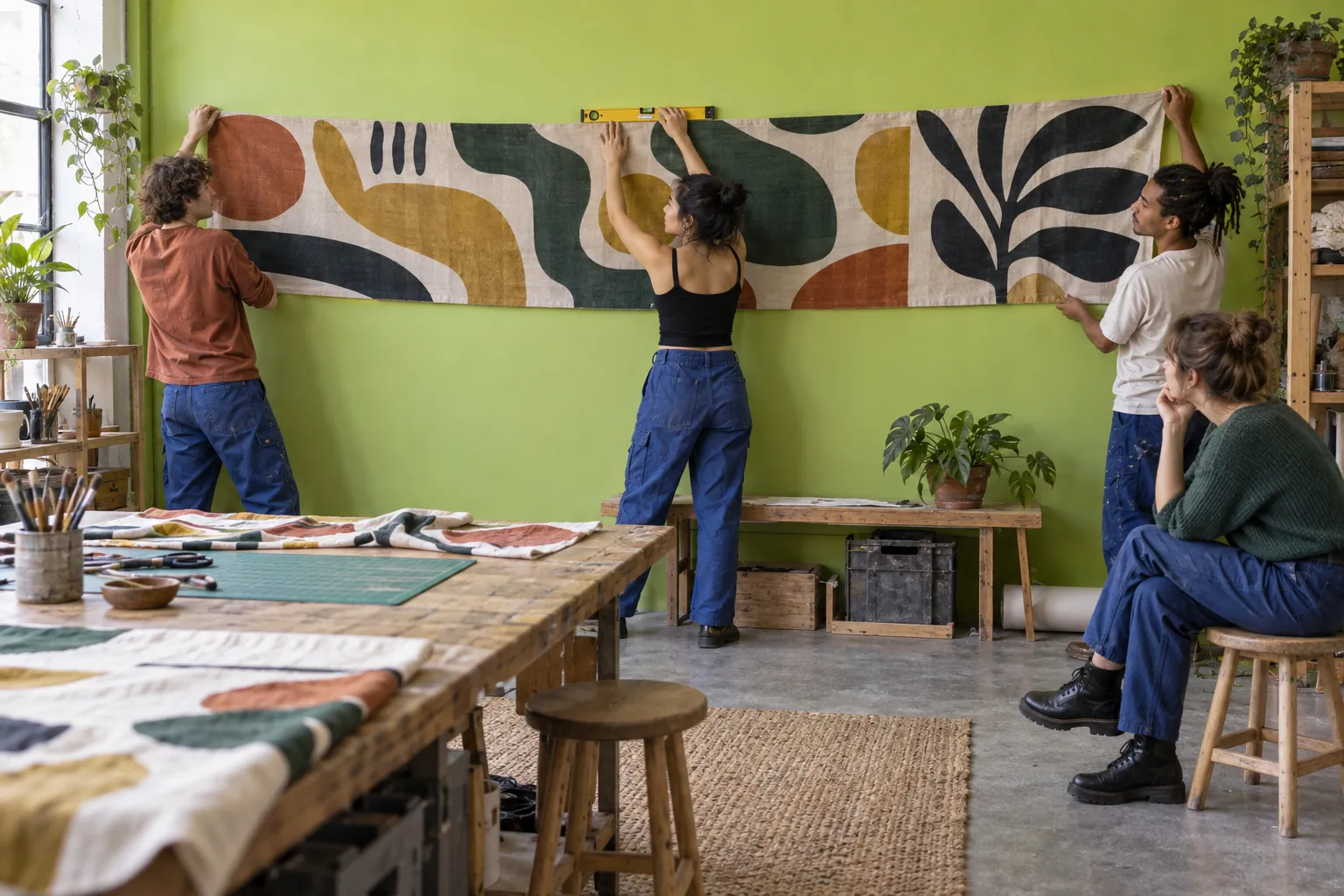 Illustration: Young adults hang an original patterned fabric banner in a workshop.