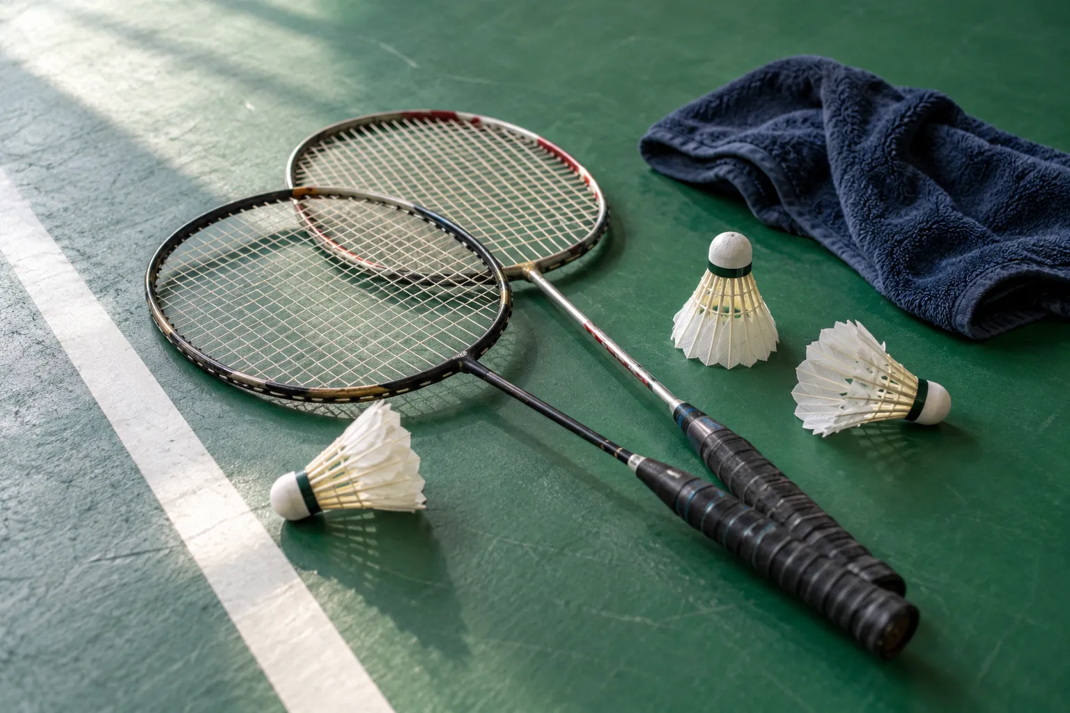 Illustration: Badminton rackets and feather shuttlecocks beside a green court.