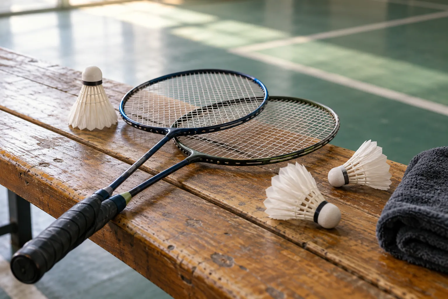 Illustration: Two badminton rackets and feather shuttlecocks on a wooden court bench.
