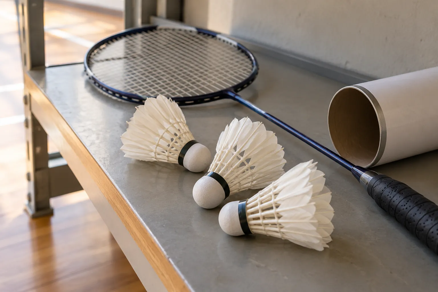 Feather shuttlecocks, an open tube and a badminton racket.