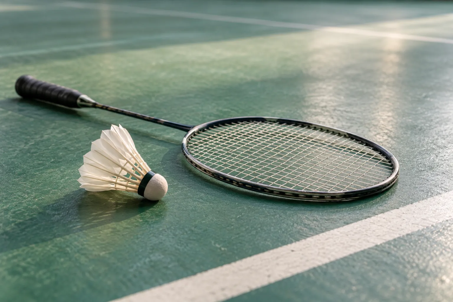 Illustration: A badminton racket and feather shuttle beside a service line.