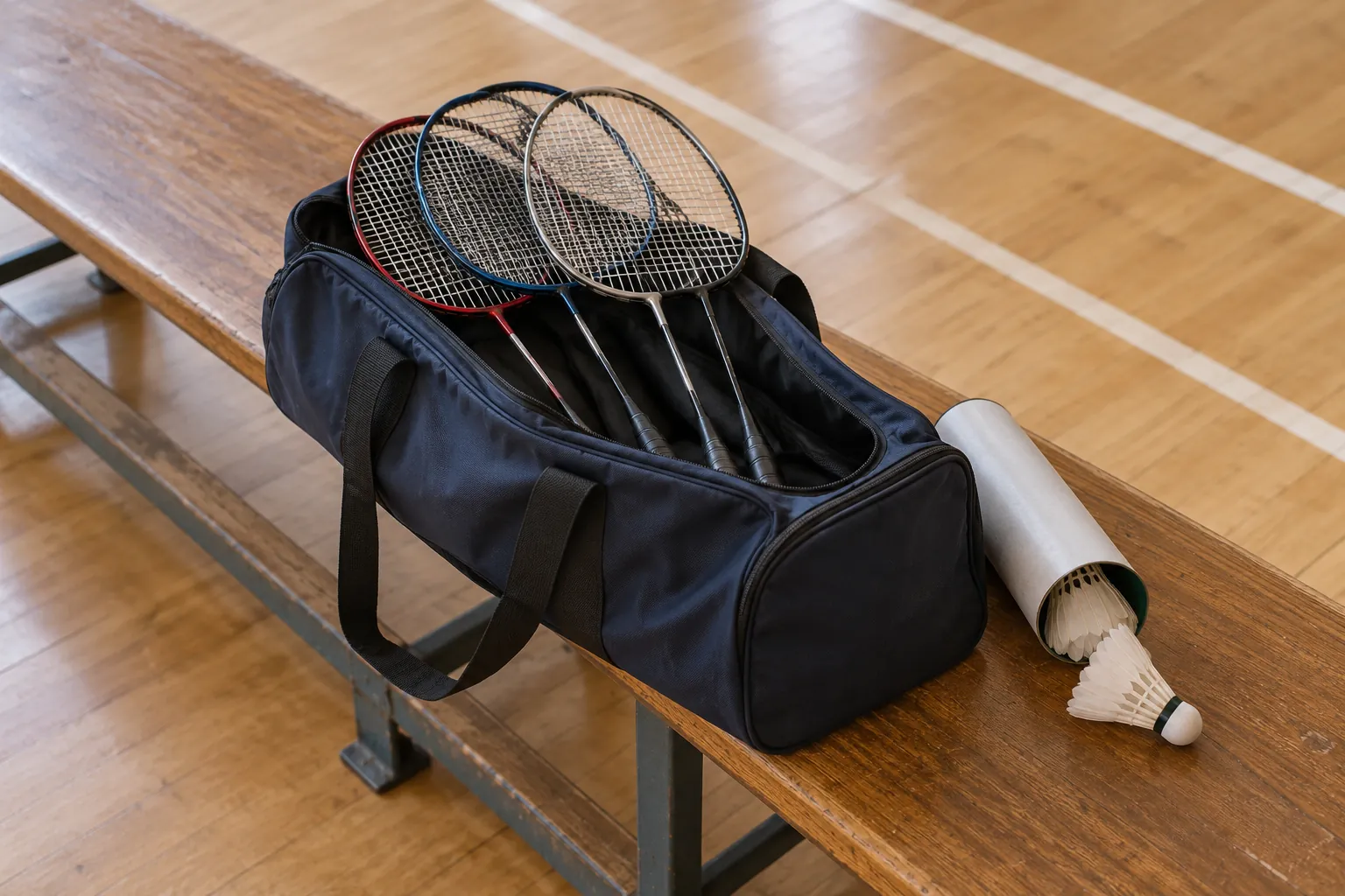 Badminton rackets in a shared bag beside a shuttle tube.