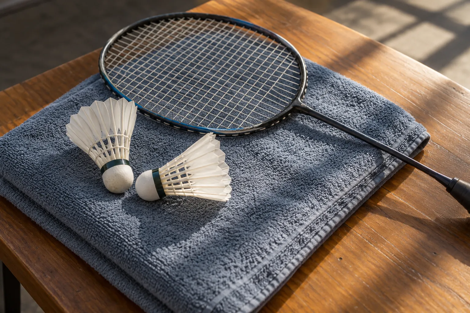 Illustration: Synthetic badminton shuttles and a racket on a towel.