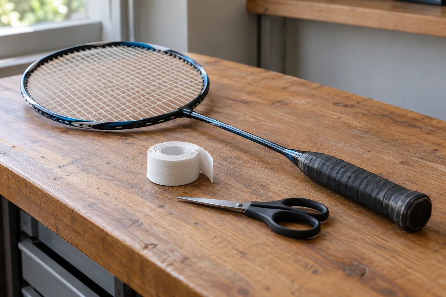 Illustration: A badminton racket handle, overgrip roll and closed scissors.