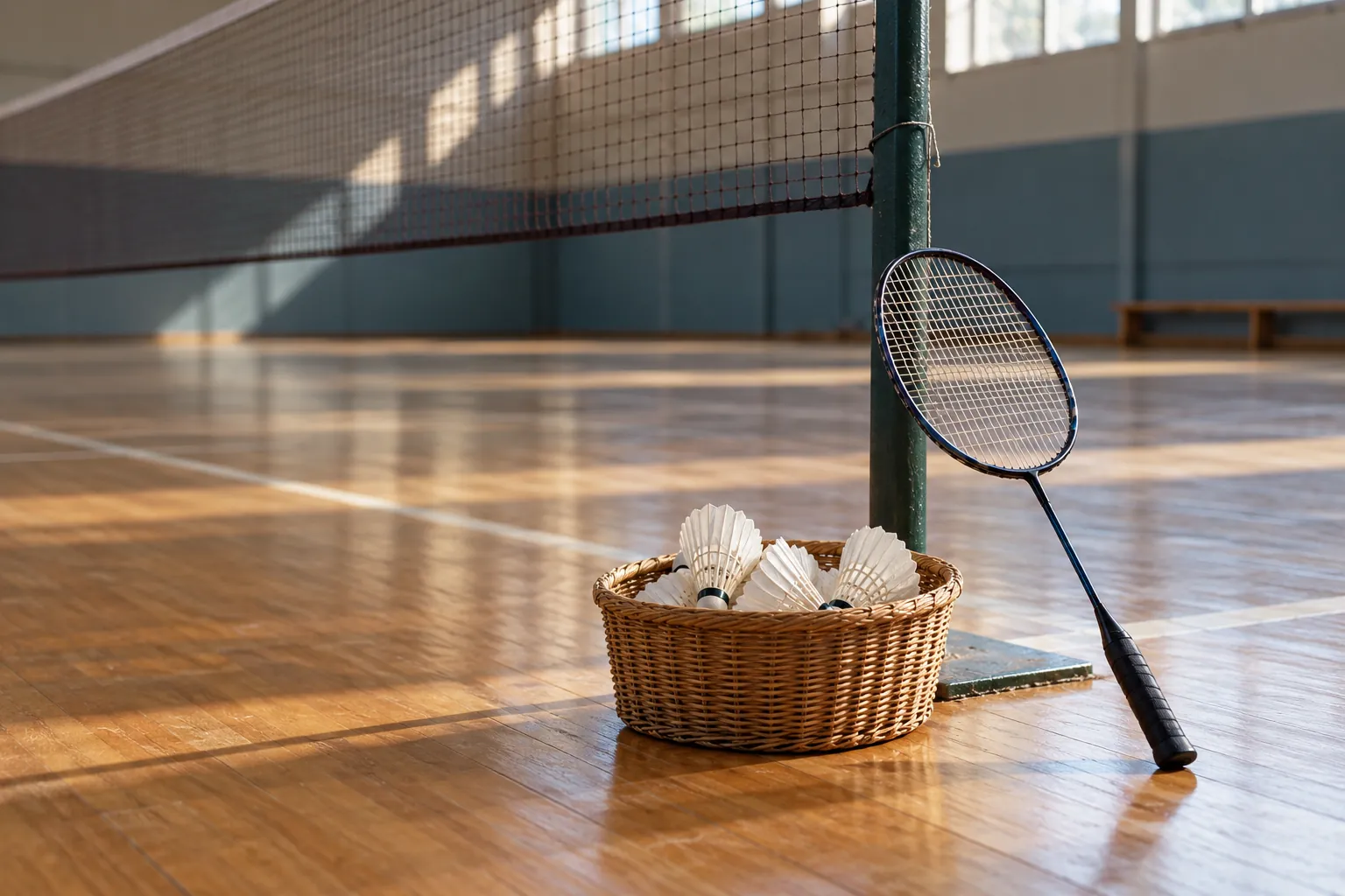 Illustration: Feather shuttlecocks and a badminton racket beside a net post.