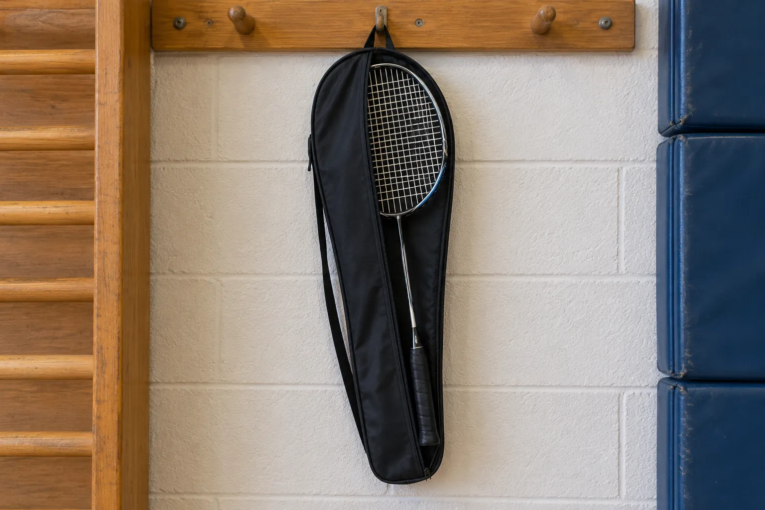 Illustration: A slim badminton racket sleeve hanging from an equipment hook.