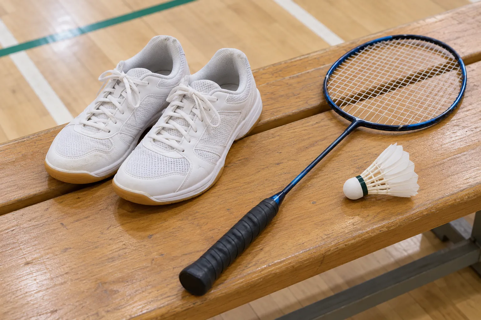 Illustration: Indoor court shoes, a badminton racket and a feather shuttle.