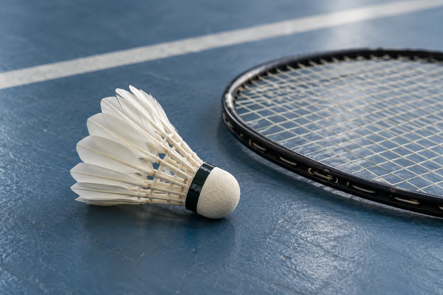 Illustration: A feather shuttlecock beside a badminton racket string bed.