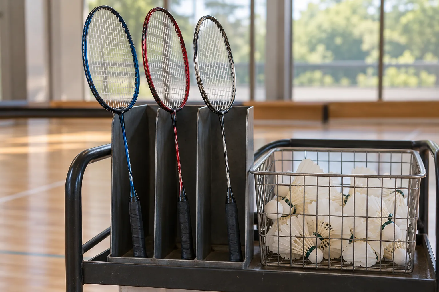 Illustration: Loan badminton rackets and shuttlecocks on an equipment trolley.