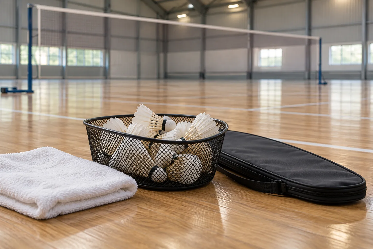 Illustration: A basket of feather shuttles beside a racket cover and towel.