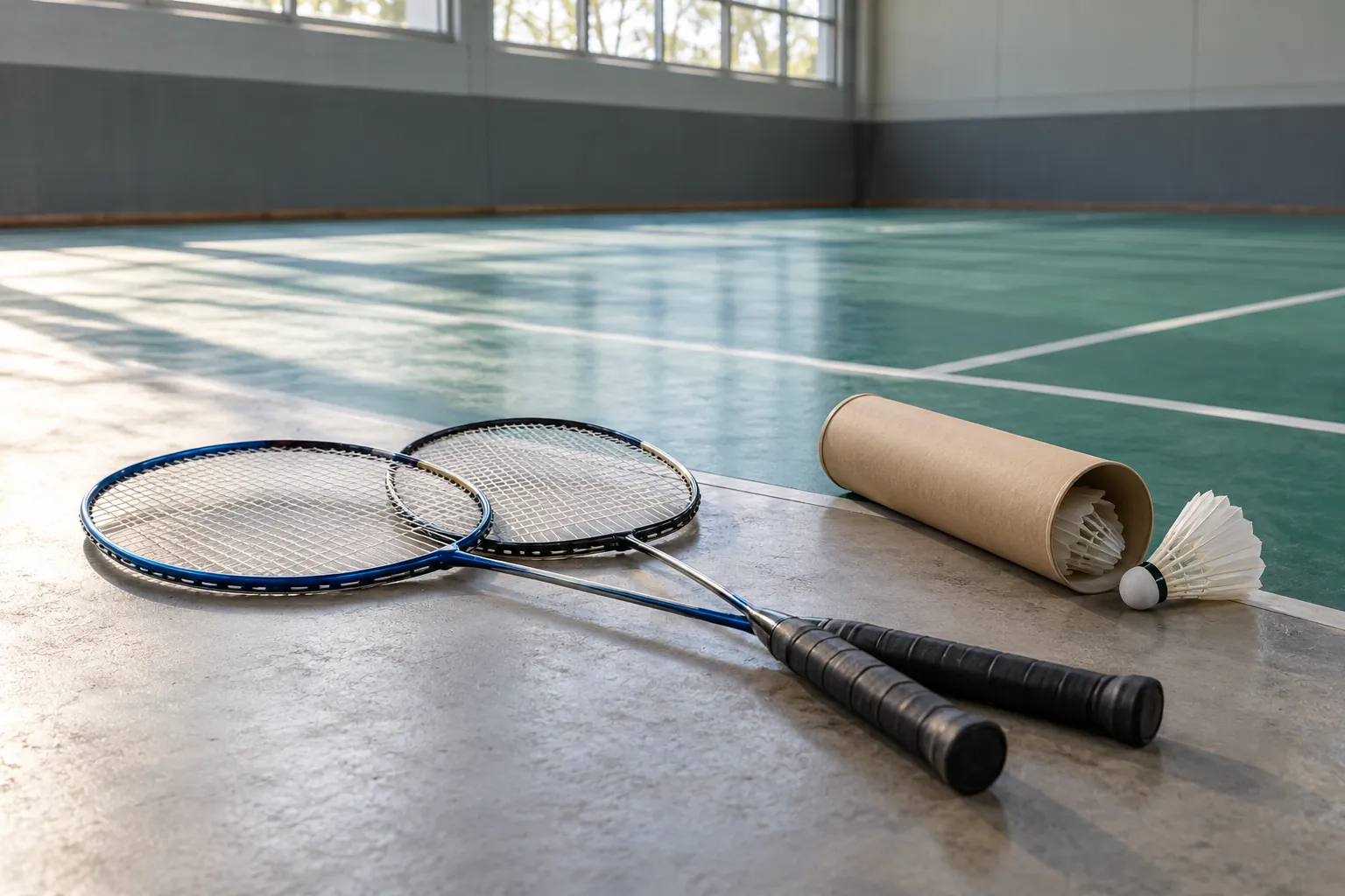 Illustration: Two badminton rackets and a shuttle tube at an indoor court corner.