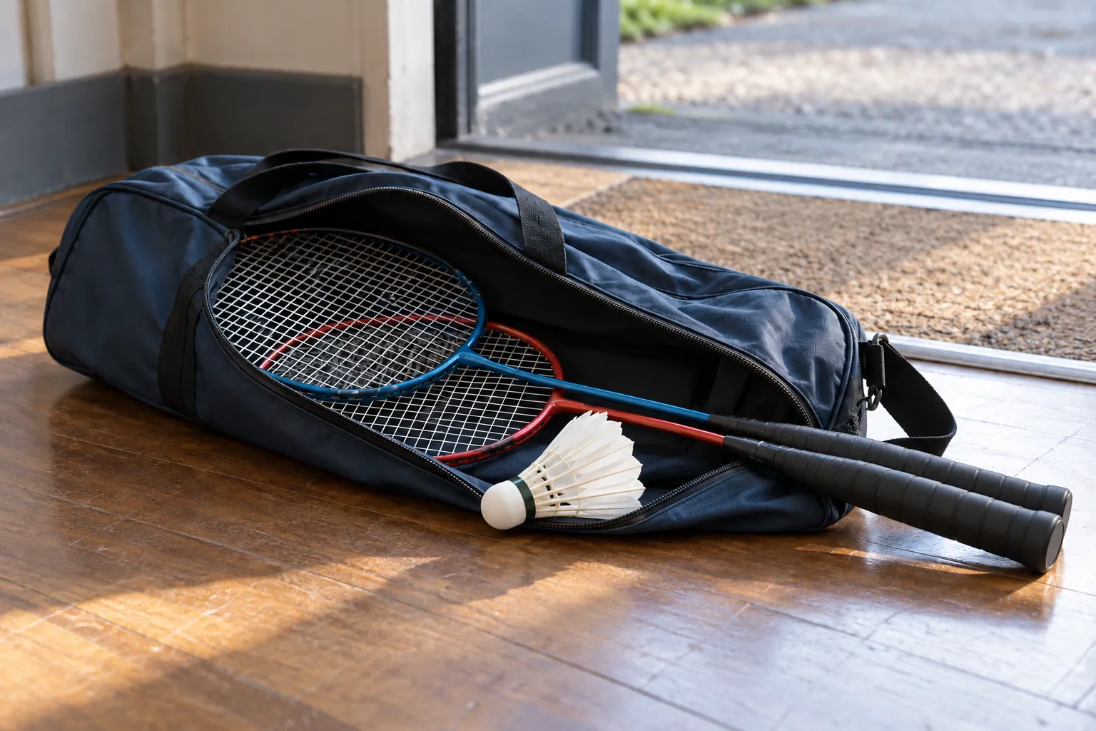 Illustration: Badminton rackets and a feather shuttle in an open sports bag.