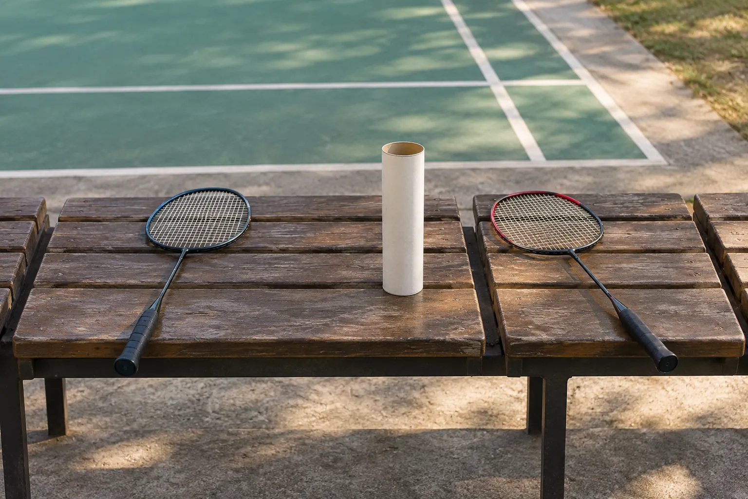 Illustration: Badminton rackets and a shuttle tube on an empty changeover bench.