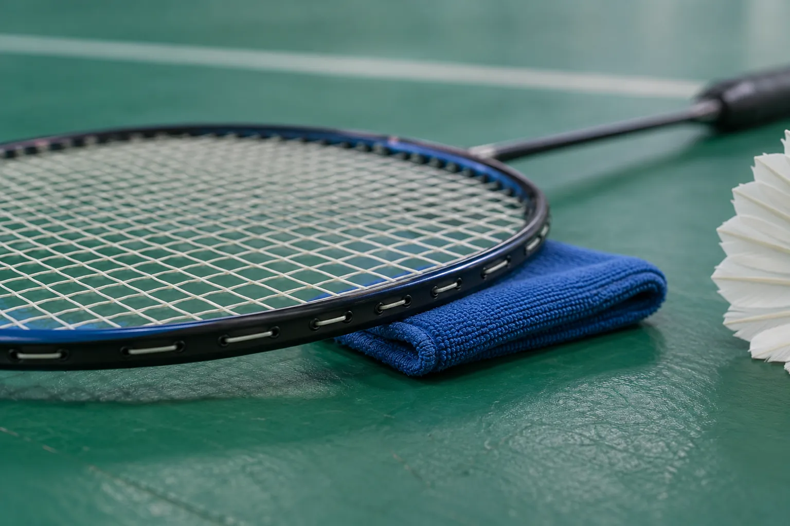 Illustration: Badminton strings and a cobalt cloth against a green court.