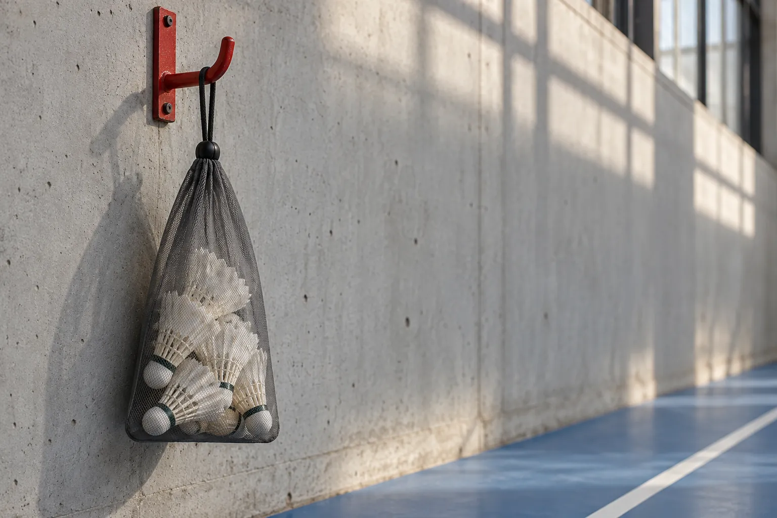 Illustration: A mesh shuttlecock pouch hanging from a red equipment hook.