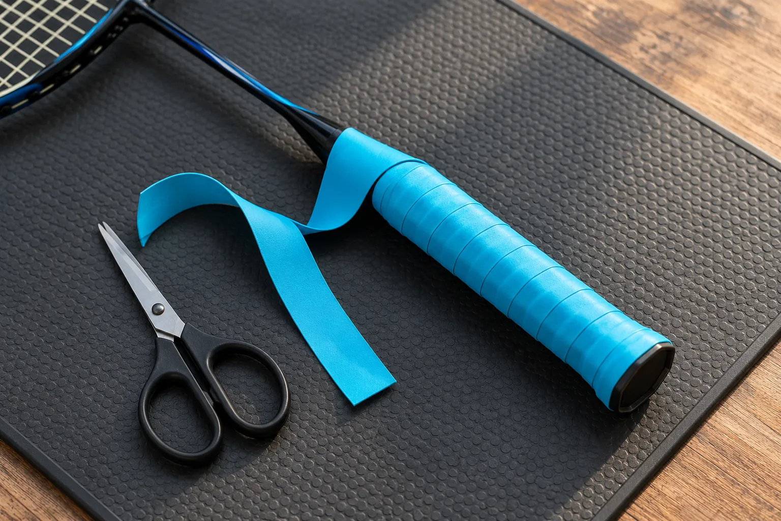 Illustration: Cyan grip tape being fitted to a badminton racket handle.