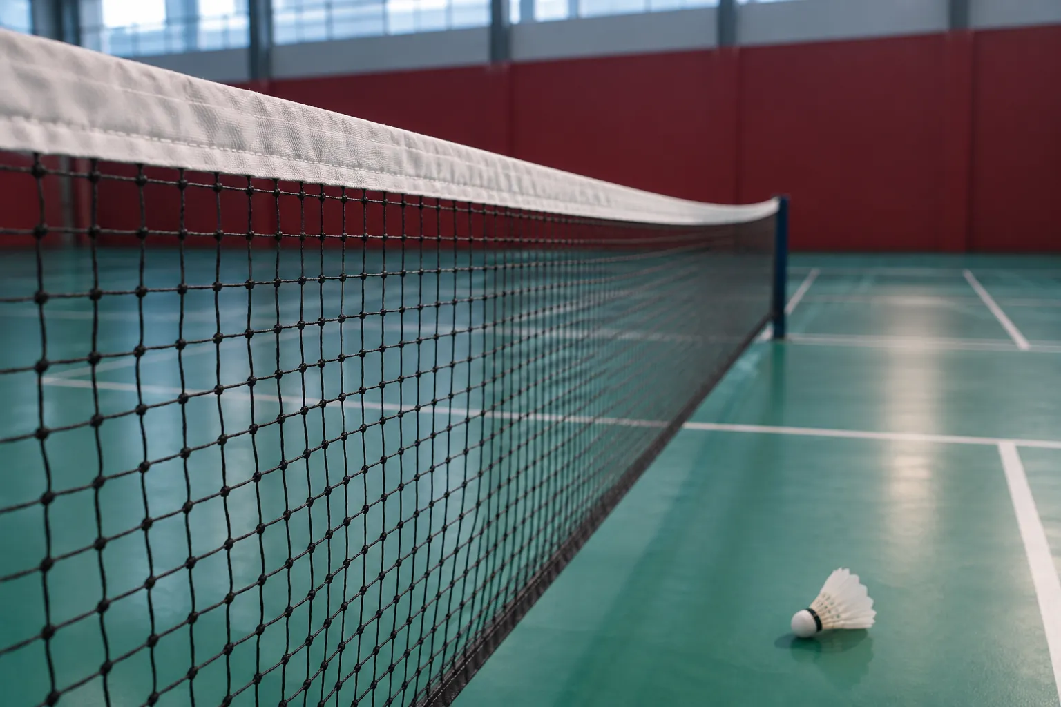 Illustration: The top tape of a badminton net across an empty court.