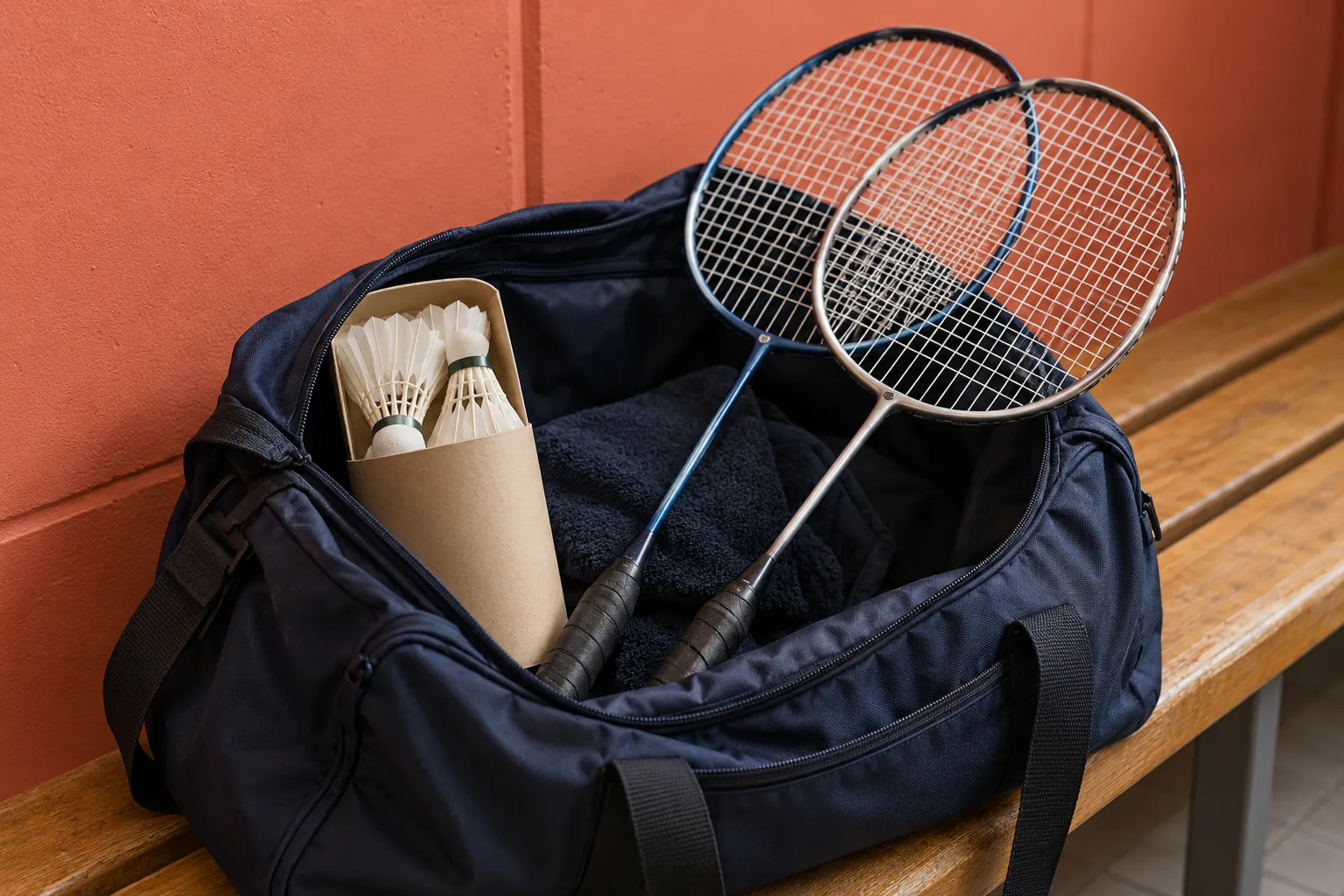 Illustration: An open navy bag holds two slender long-shaft strung badminton rackets beside a coral changing-room wall, with feather shuttlecocks in a plain tube, shown close.