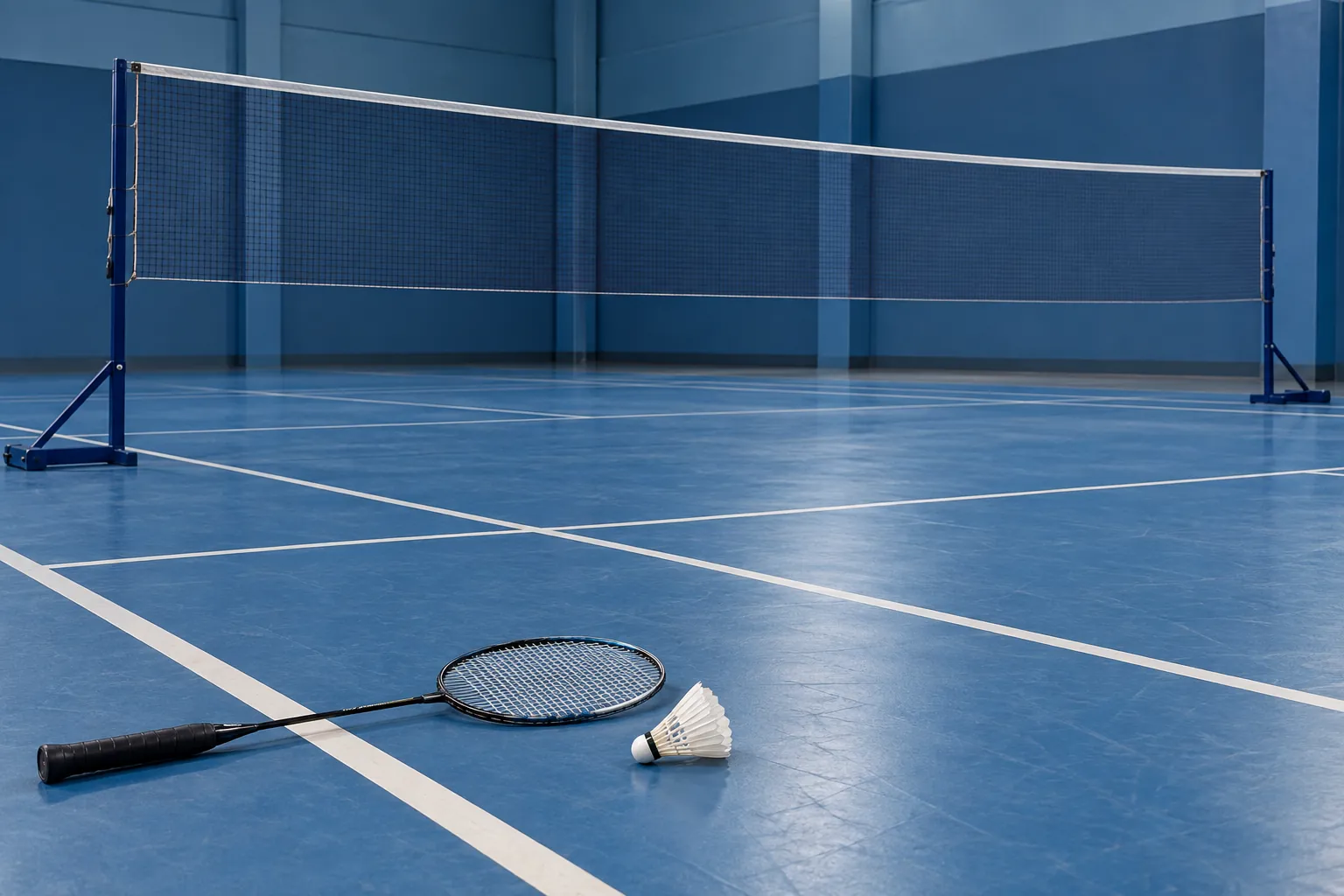 Illustration: A credible high badminton net crosses an empty blue indoor court, with a slender badminton racket and white feather shuttlecock at the near sideline, shown wide.