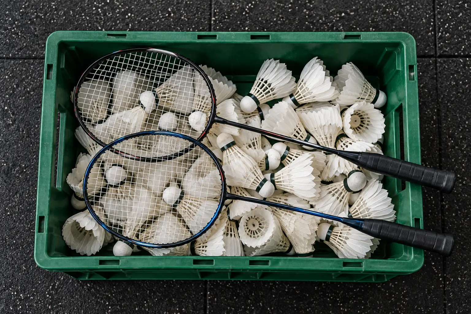Illustration: White feather badminton shuttlecocks and two slender long-shaft strung rackets rest in a green equipment crate on black rubber gym flooring, photographed overhead.