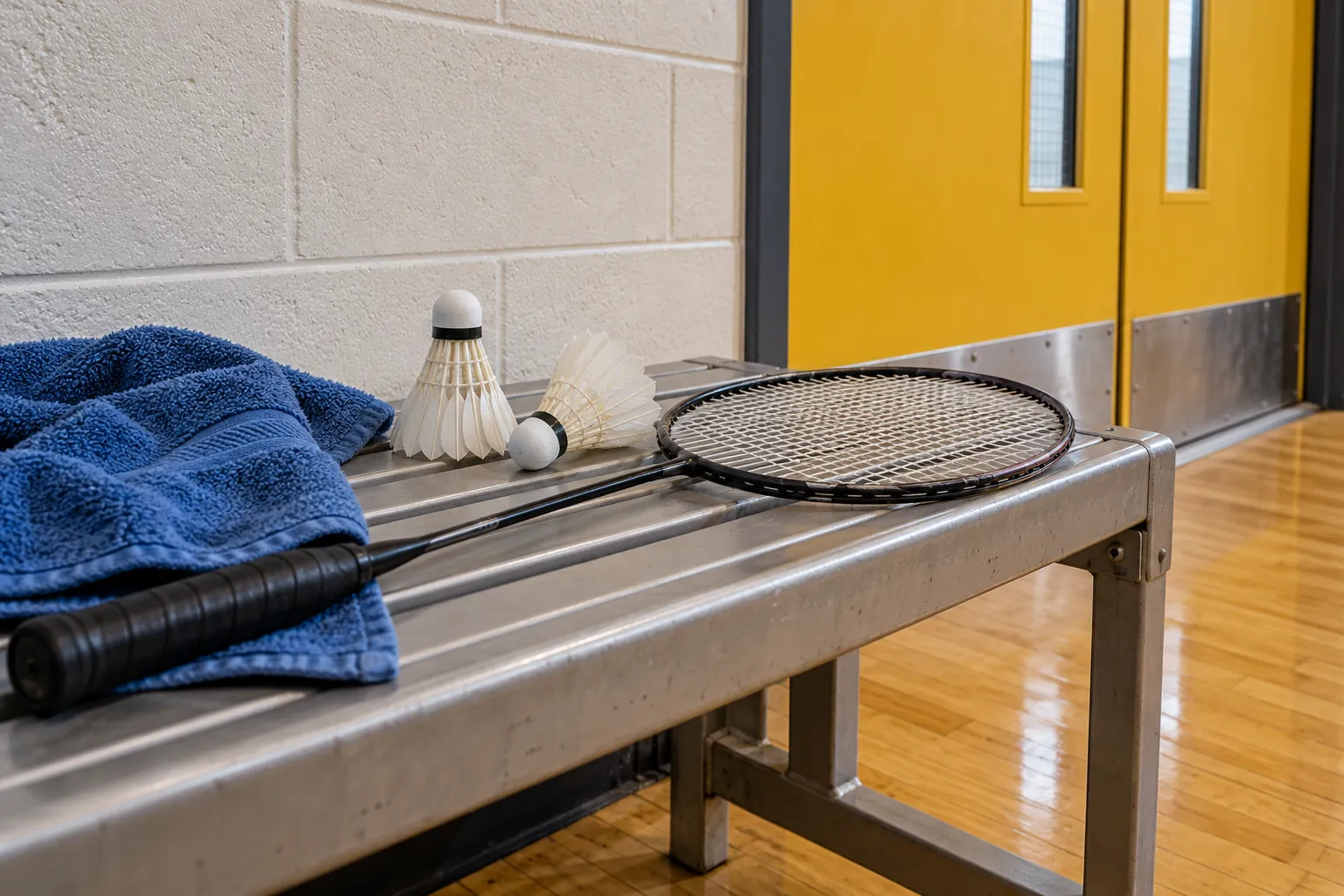 Illustration: A plain slender strung badminton racket, two white feather shuttlecocks and a blue towel rest on a steel bench beside a yellow gymnasium door, viewed low.