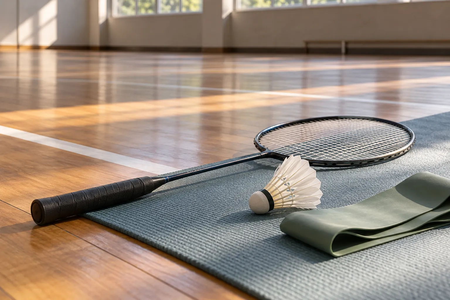 Illustration: A badminton racket, feather shuttle and warmup band on a mat.
