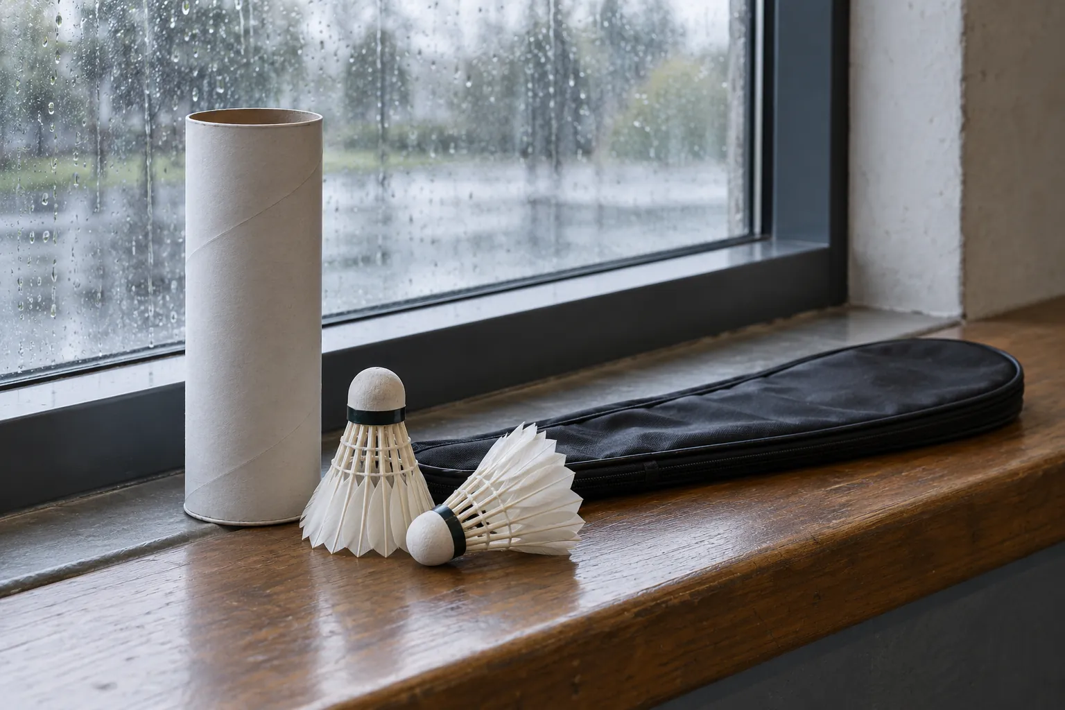 Illustration: An open shuttle tube and feather shuttles on a windowsill.