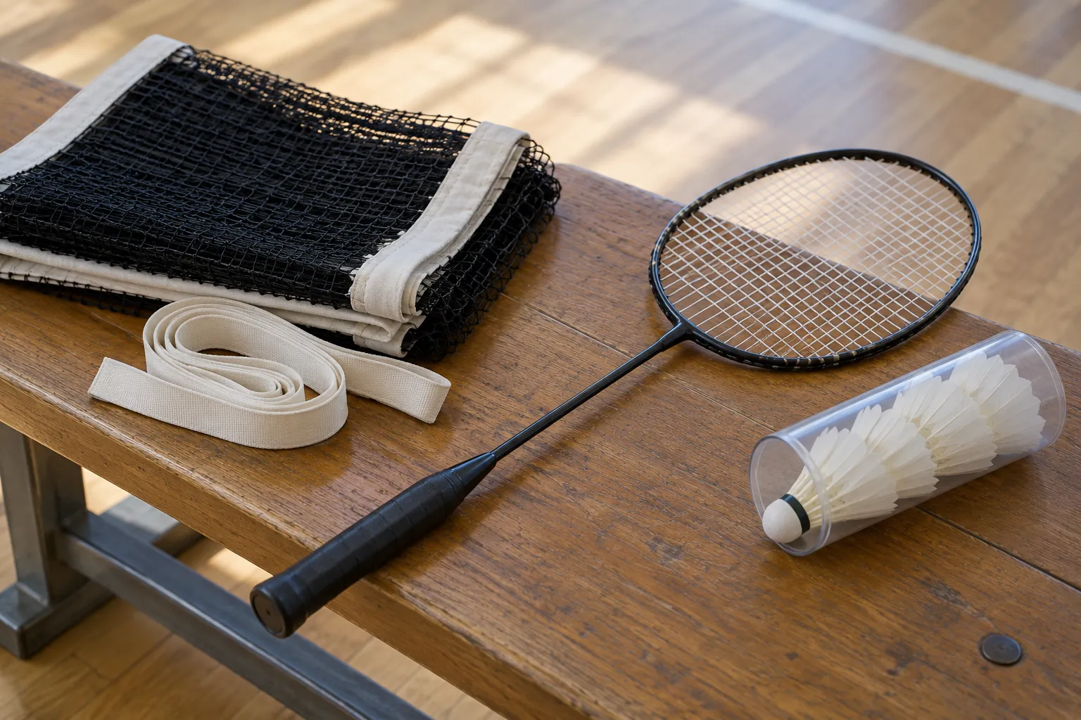 Illustration: A folded badminton net, racket and shuttle tube on a bench.