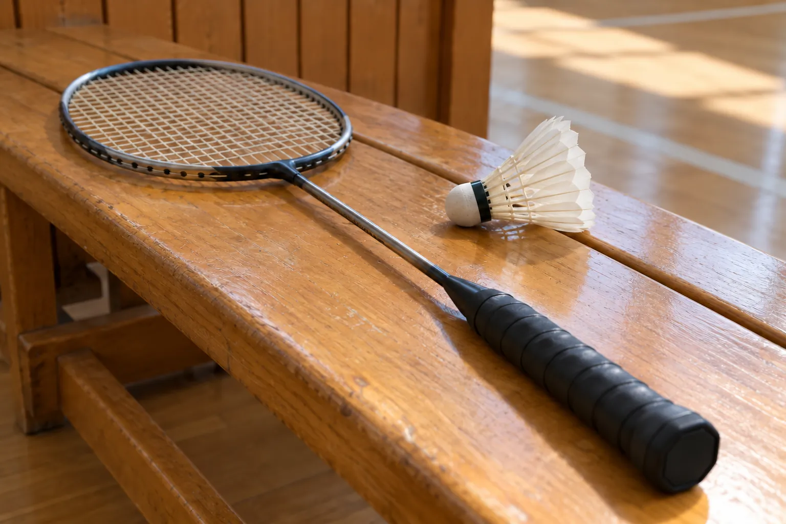 Illustration: A wrapped badminton racket handle and a feather shuttle.