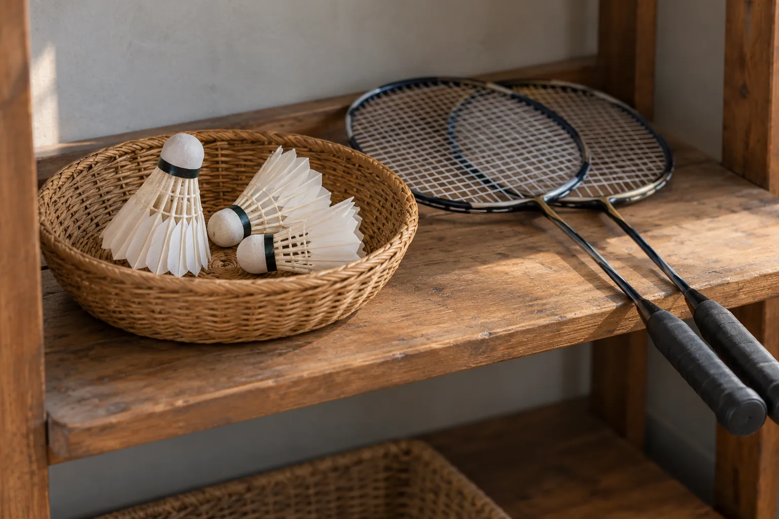 Illustration: Feather shuttlecocks in a basket beside badminton rackets.