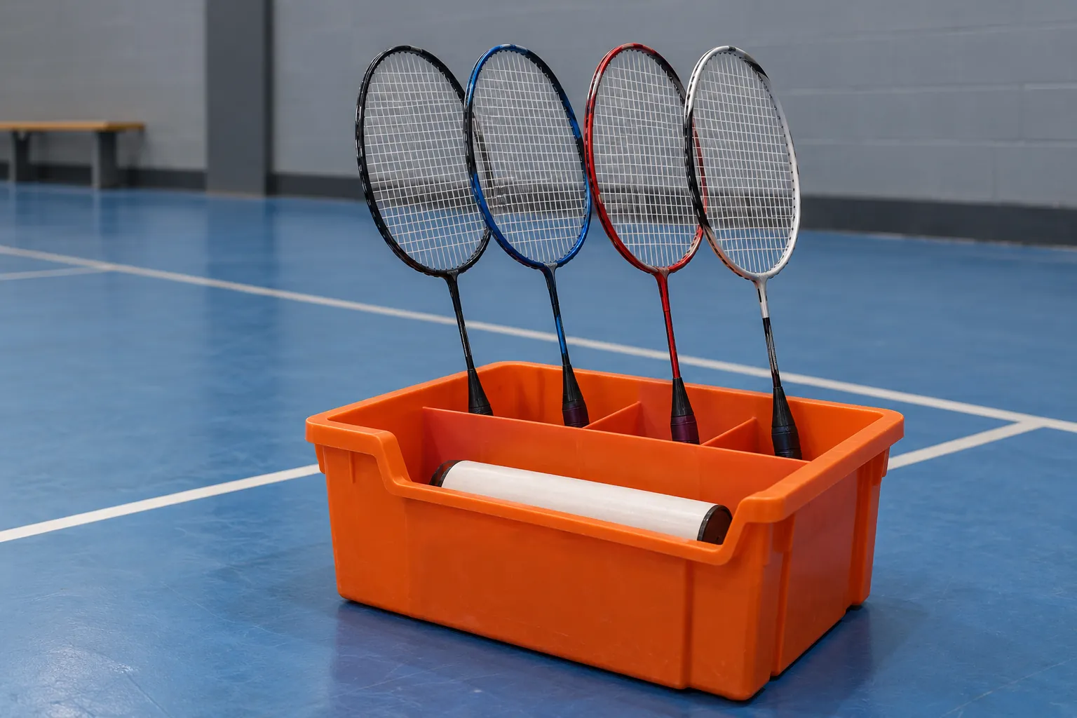 Illustration: Four plain slim oval strung badminton rackets rest in separate slots inside an orange equipment bin, with a plain shuttle tube below.