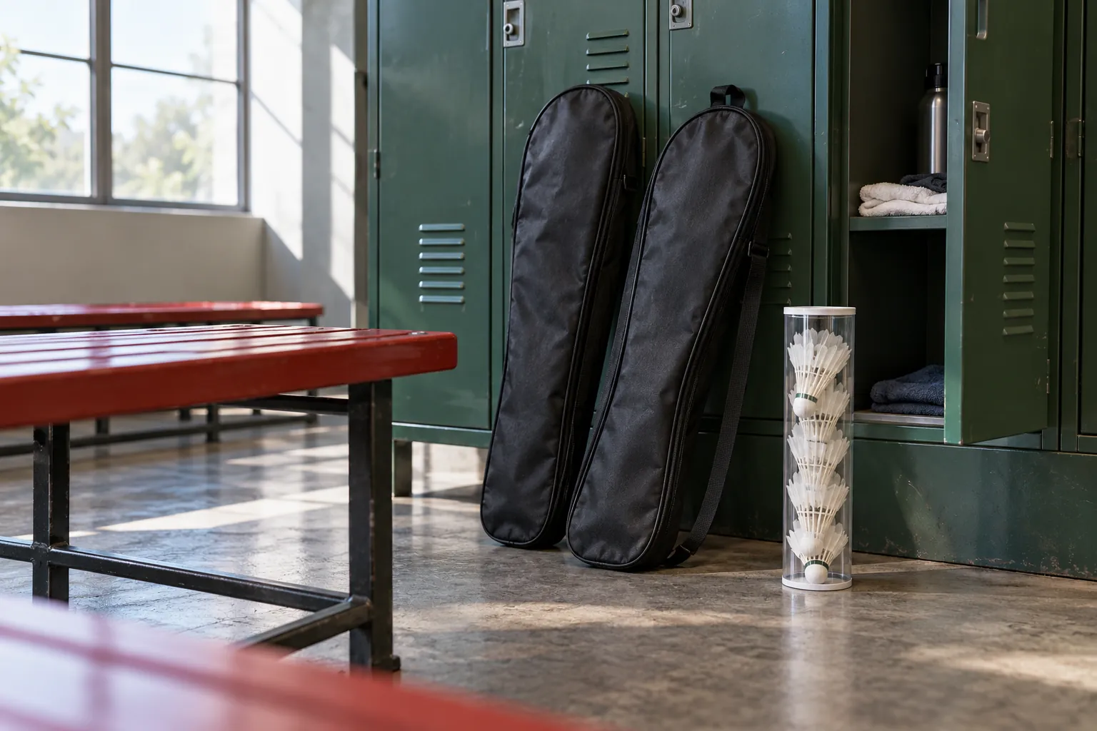 Illustration: Two plain badminton racket bags and a tube of white feather shuttlecocks stand beside open green metal lockers.